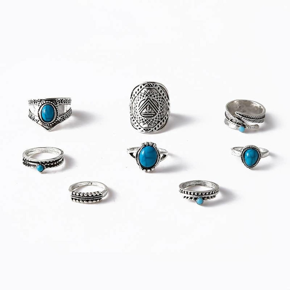Vintage Style Water Droplets Alloy Stuffed Turquoise Women Rings Set of 8 Pieces - Picture 2 of 7